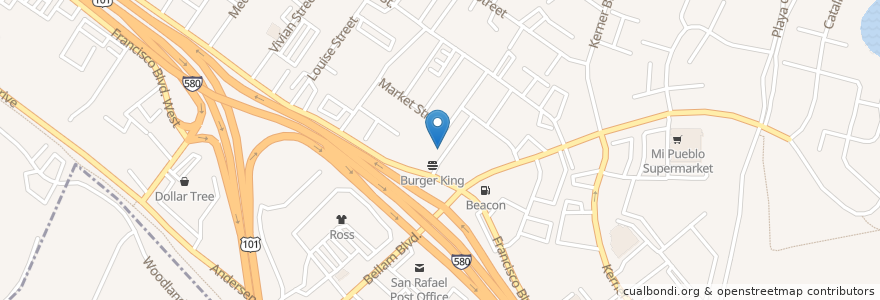 Mapa de ubicacion de Burger King en United States, California, Marin County, San Rafael.