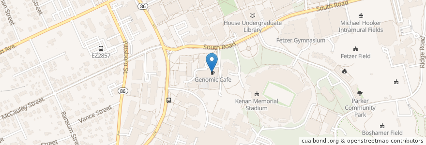 Mapa de ubicacion de Genomic Cafe en الولايات المتّحدة الأمريكيّة, كارولاينا الشمالية, Orange County, Chapel Hill.