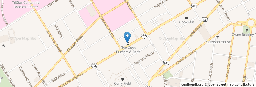 Mapa de ubicacion de Five Guys en Соединённые Штаты Америки, Теннесси, Nashville-Davidson.