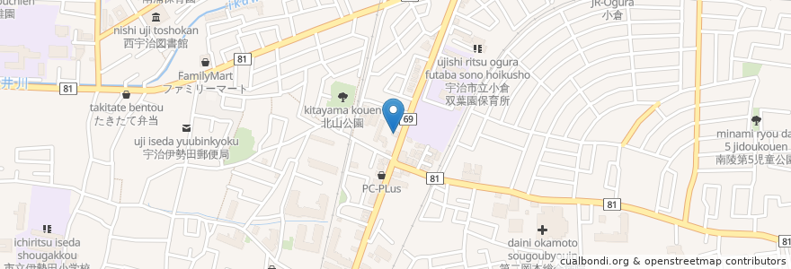 Mapa de ubicacion de 京宇治食堂 en Japan, Präfektur Kyōto, 宇治市.