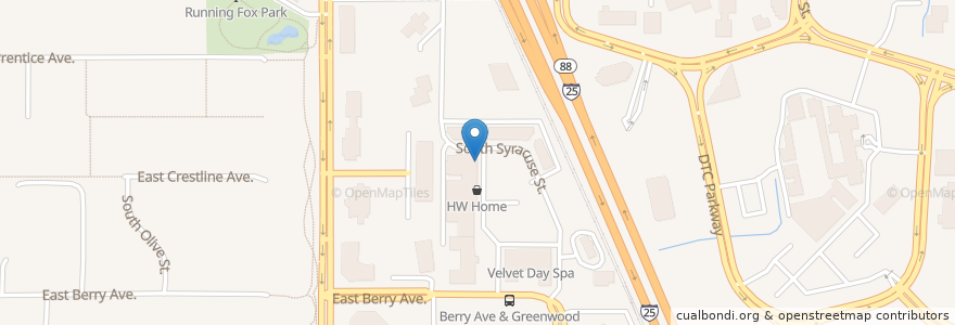 Mapa de ubicacion de Pizza Republica en États-Unis D'Amérique, Colorado, Arapahoe County, Greenwood Village.