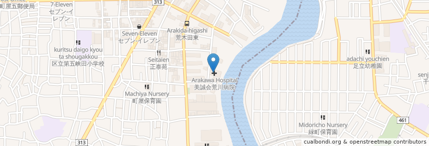 Mapa de ubicacion de 荒川病院 en Japonya, 東京都, 足立区.