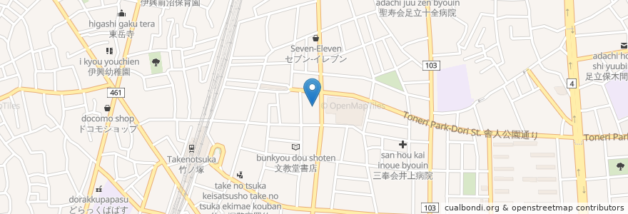 Mapa de ubicacion de 竹塚神社 en 일본, 도쿄도, 足立区.