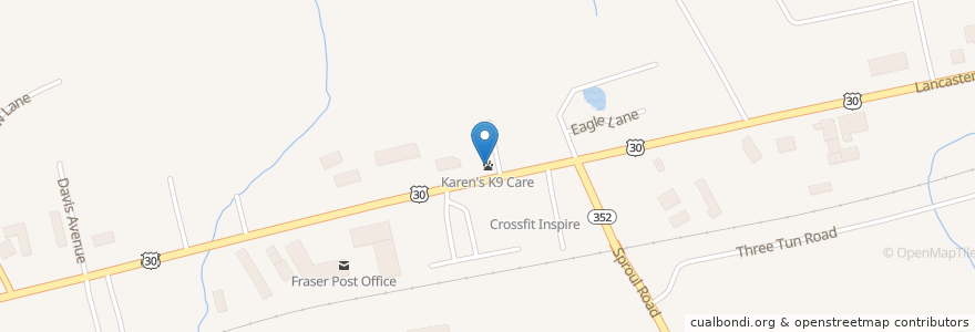 Mapa de ubicacion de Karen's K9 Care en الولايات المتّحدة الأمريكيّة, بنسيلفانيا, Chester County, East Whiteland Township.