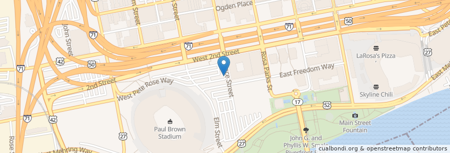 Mapa de ubicacion de West Pete Rose Way Entrance en 美利坚合众国/美利堅合眾國, 肯塔基州, 漢彌爾頓縣, Cincinnati.