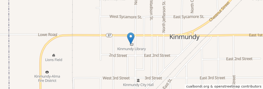 Mapa de ubicacion de Kinmundy Library en Соединённые Штаты Америки, Иллинойс, Marion County, Kinmundy.