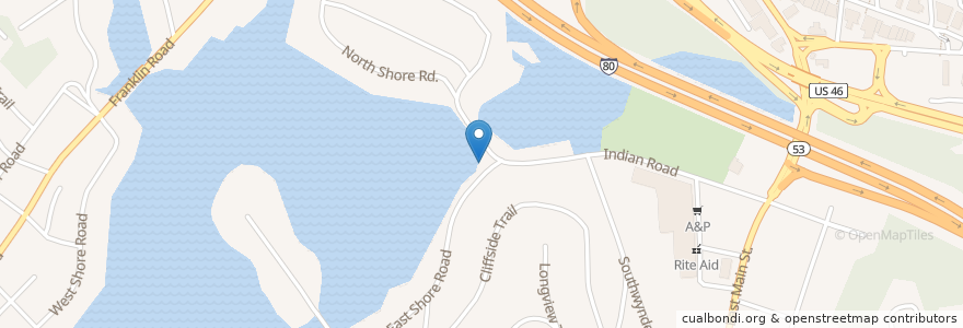 Mapa de ubicacion de Indian Lake Main Beach en United States, New Jersey, Morris County, Denville.
