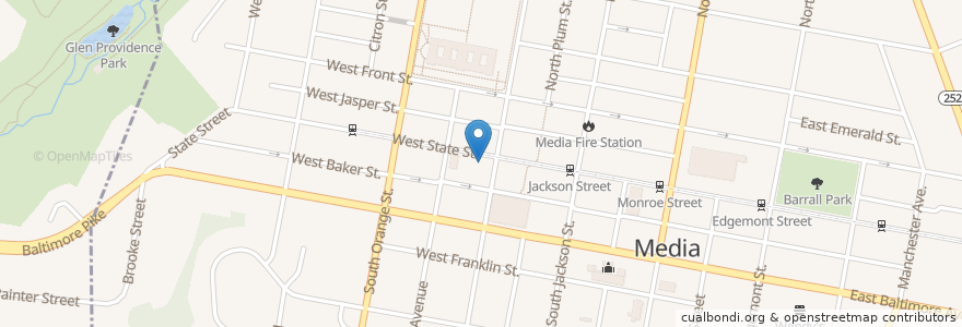 Mapa de ubicacion de Fellini's Cafe en Vereinigte Staaten Von Amerika, Pennsylvania, Delaware County, Media.