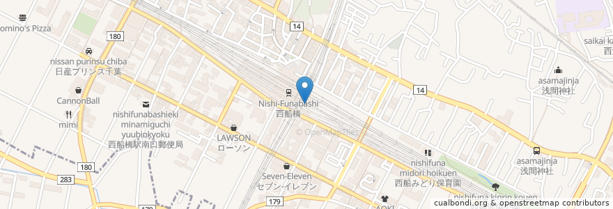 Mapa de ubicacion de 千葉銀行 (Chiba Bank) en Japão, 千葉県, 船橋市.