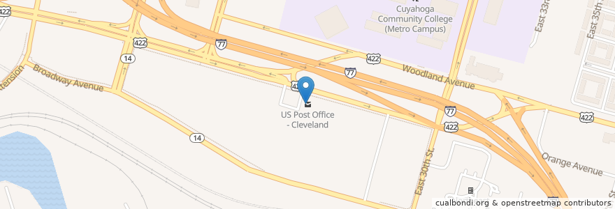 Mapa de ubicacion de US Post Office - Cleveland en 미국, 오하이오 주, Cuyahoga County, Cleveland.