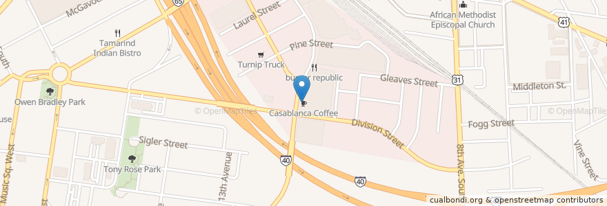 Mapa de ubicacion de Casablanca Coffee en United States, Tennessee, Nashville-Davidson.