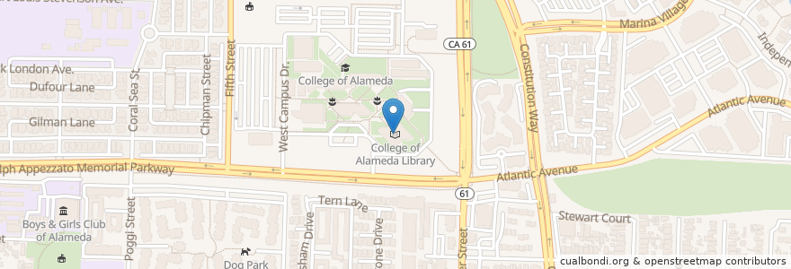 Mapa de ubicacion de College of Alameda Library en 미국, 캘리포니아주, 앨러미다 군, Alameda.
