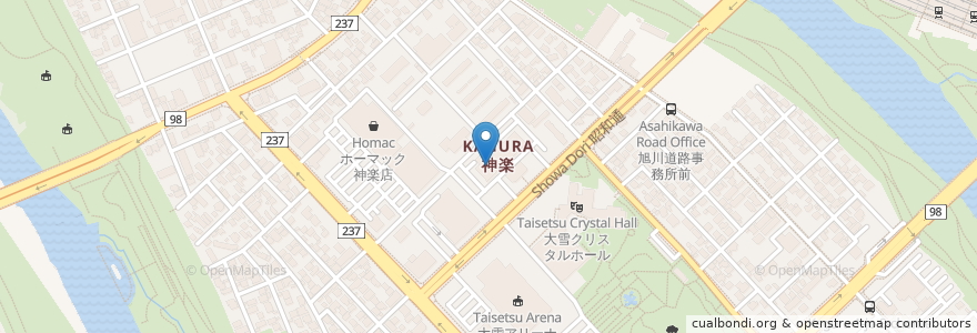 Mapa de ubicacion de Asahikawa City Kagura Library en Japan, Hokkaido Prefecture, Kamikawa Subprefecture, Asahikawa.