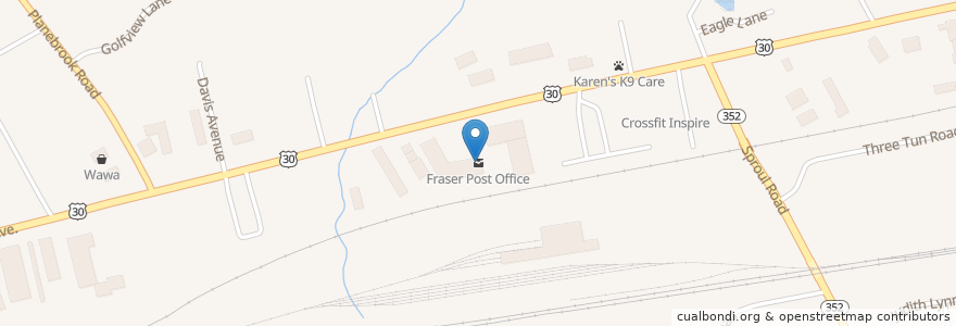 Mapa de ubicacion de Fraser Post Office en United States, Pennsylvania, Chester County, East Whiteland Township.