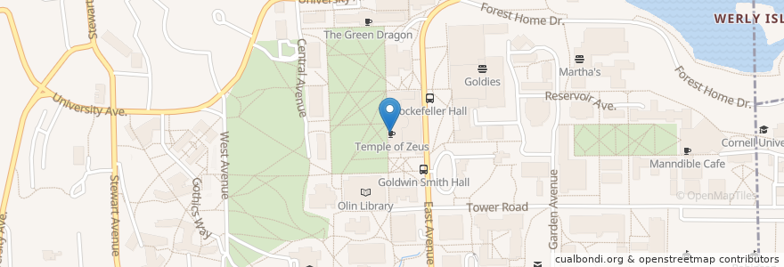 Mapa de ubicacion de Temple of Zeus en 美利坚合众国/美利堅合眾國, 纽约州 / 紐約州, Tompkins County, Ithaca Town, Ithaca.