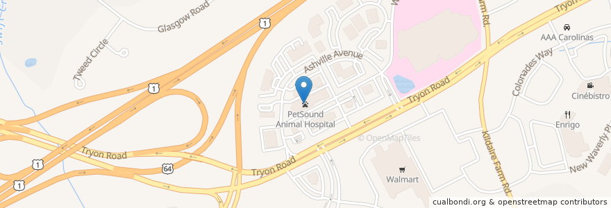Mapa de ubicacion de PetSound Animal Hospital en Estados Unidos De América, Carolina Del Norte, Wake County, Cary.