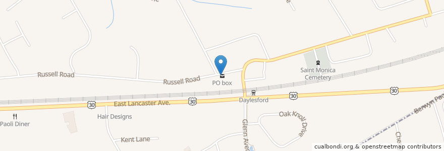 Mapa de ubicacion de PO box en 미국, 펜실베이니아, Chester County, Tredyffrin Township, Easttown Township.