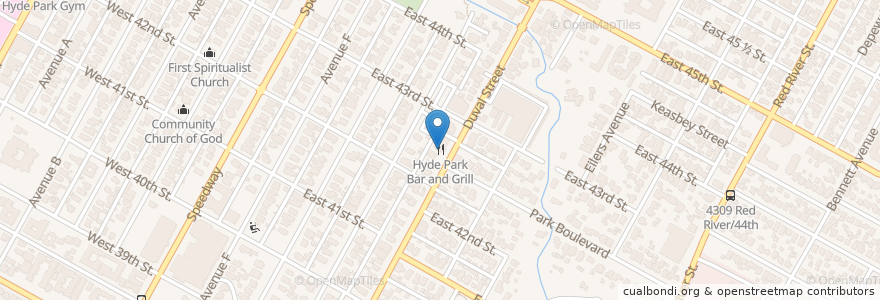 Mapa de ubicacion de Hyde Park Bar and Grill en 美利坚合众国/美利堅合眾國, 得克萨斯州 / 德克薩斯州 / 德薩斯州, Travis County, 奥斯汀 / 柯士甸.