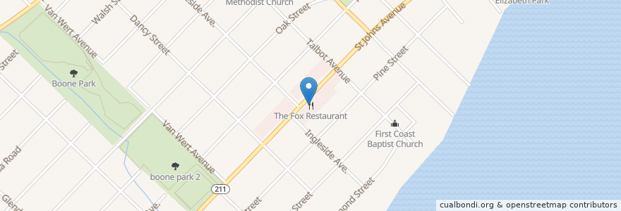 Mapa de ubicacion de The Fox Restaurant en 美利坚合众国/美利堅合眾國, 佛罗里达州/佛羅里達州, 杜瓦尔县/杜瓦爾縣/杜瓦爾郡, 杰克逊维尔/傑克遜維爾.