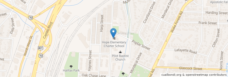 Mapa de ubicacion de Hope Elementary Charter School en アメリカ合衆国, ノースカロライナ州, Wake County, Raleigh.