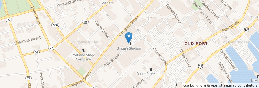 Mapa de ubicacion de Binga's Stadium en الولايات المتّحدة الأمريكيّة, مين, Cumberland County, Portland.