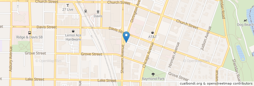 Mapa de ubicacion de Edzo's Burger Shop en アメリカ合衆国, イリノイ州, Evanston.
