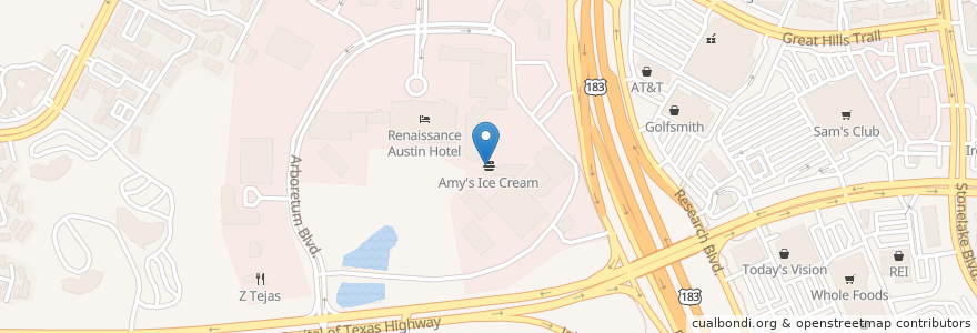 Mapa de ubicacion de Amy's Ice Creams en アメリカ合衆国, テキサス州, Travis County, Austin.