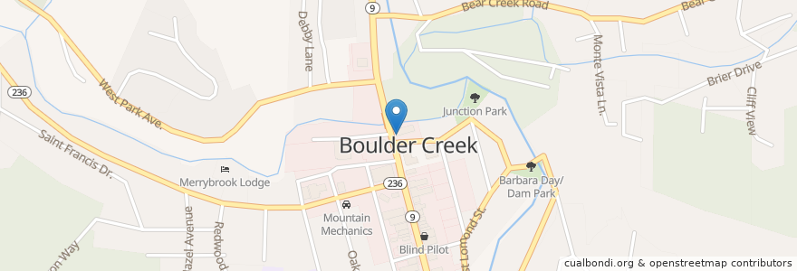Mapa de ubicacion de Boulder Creek Roasting Company en アメリカ合衆国, カリフォルニア州, Santa Cruz County.