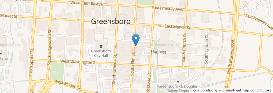 Mapa de ubicacion de Churchill's On Elm en الولايات المتّحدة الأمريكيّة, كارولاينا الشمالية, Guilford County, Greensboro.