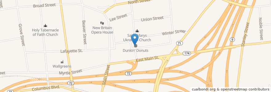 Mapa de ubicacion de Dunkin' Donuts en 美利坚合众国/美利堅合眾國, 康涅狄格州 / 康乃狄克州, Hartford County, New Britain.