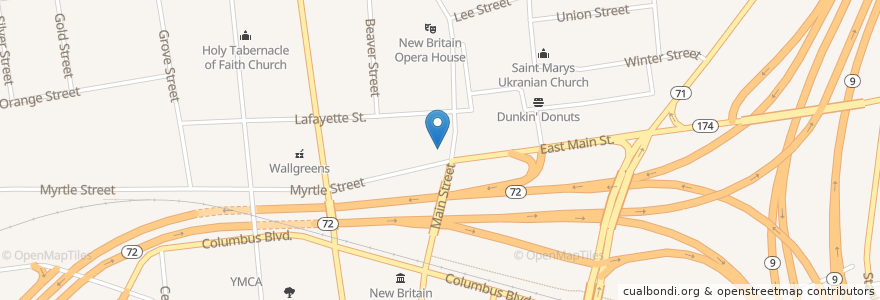 Mapa de ubicacion de Webster Bank en 美利坚合众国/美利堅合眾國, 康涅狄格州 / 康乃狄克州, Hartford County, New Britain.