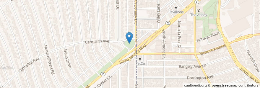 Mapa de ubicacion de Doheny Fountain en アメリカ合衆国, カリフォルニア州, Los Angeles County, ロサンゼルス, West Hollywood, Beverly Hills.