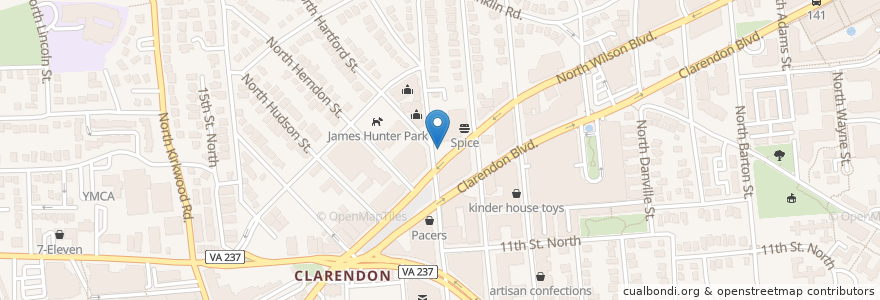 Mapa de ubicacion de Clarendon Metro / Wilson Blvd and N Highland St en 美利坚合众国/美利堅合眾國, 弗吉尼亚州 / 維吉尼亞州 / 維珍尼亞州, Arlington County, Arlington.