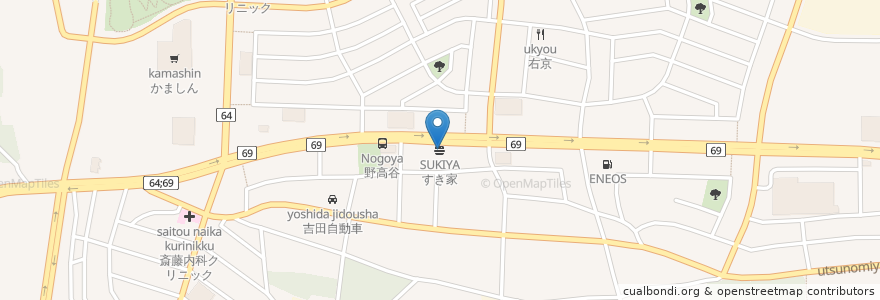 Mapa de ubicacion de すき家 en Japan, Präfektur Tochigi, 宇都宮市.