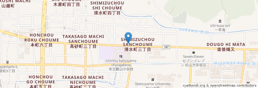 Mapa de ubicacion de 平田歯科 en Japão, 愛媛県, 松山市.
