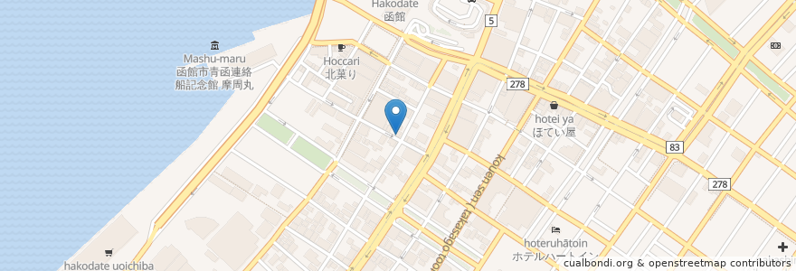Mapa de ubicacion de くいしんぼう函館 en 日本, 北海道, 渡島総合振興局, 函館市.