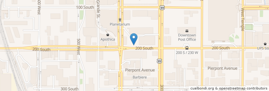 Mapa de ubicacion de 348 West 200 South en Amerika Syarikat, Utah, Salt Lake County, Salt Lake City.