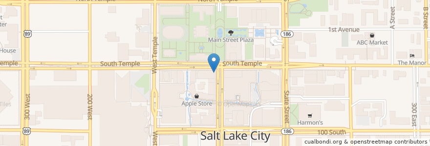 Mapa de ubicacion de Temple Square en Amerika Syarikat, Utah, Salt Lake County, Salt Lake City.