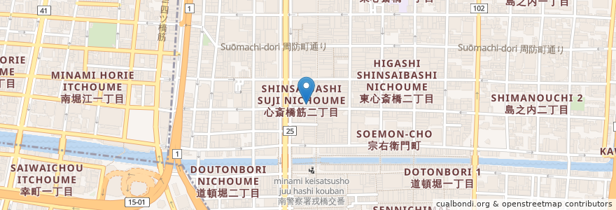 Mapa de ubicacion de わら屋 en 日本, 大阪府, 大阪市, 中央区.