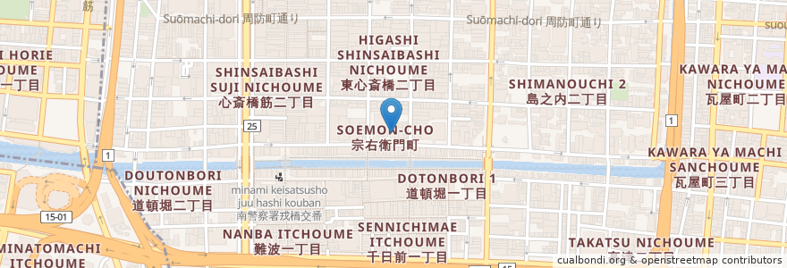 Mapa de ubicacion de 食道園 en 日本, 大阪府, 大阪市, 中央区.