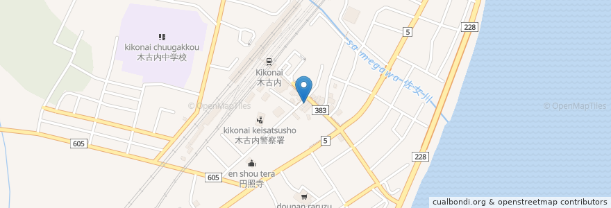 Mapa de ubicacion de 北海道銀行木古内支店 en Япония, Хоккайдо, Округ Осима, Уезд Камиисо, Киконай.