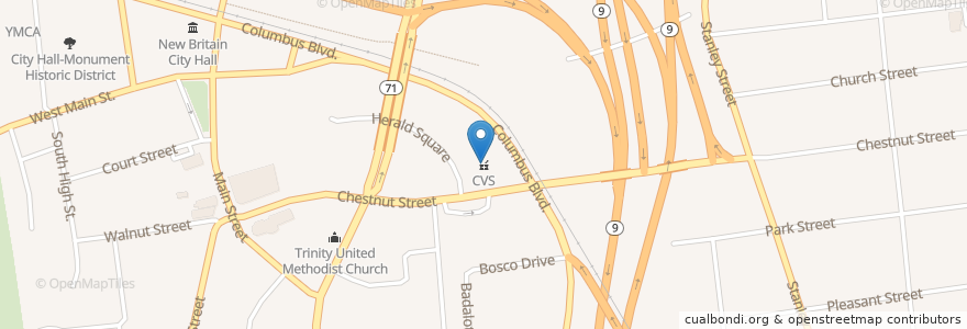 Mapa de ubicacion de CVS Pharmacy en 미국, 코네티컷, Hartford County, New Britain.