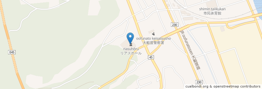 Mapa de ubicacion de リアスホール en Japan, 岩手県, 大船渡市.