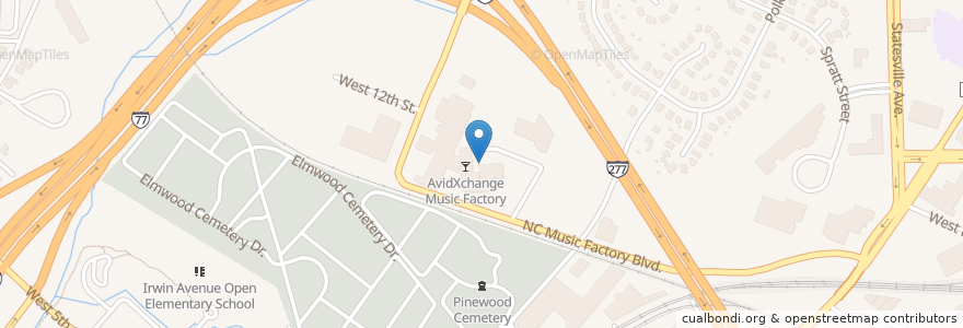 Mapa de ubicacion de The Comedy Zone en アメリカ合衆国, ノースカロライナ州, Mecklenburg County, Charlotte.