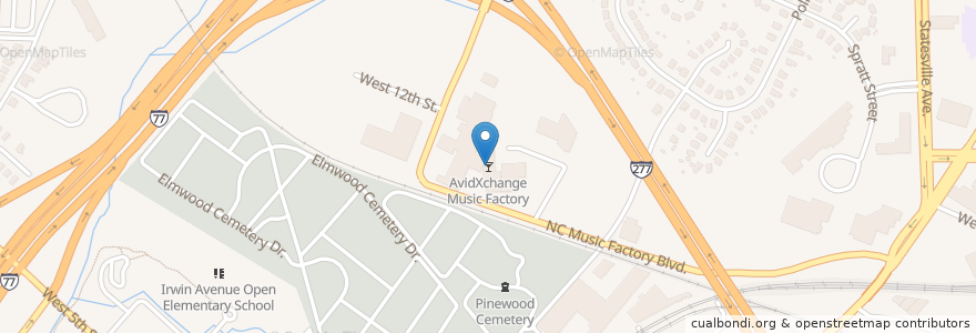 Mapa de ubicacion de AvidXchange Music Factory en Vereinigte Staaten Von Amerika, Nord-Carolina, Mecklenburg County, Charlotte.