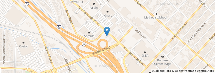 Mapa de ubicacion de IHOP en 미국, 캘리포니아주, Los Angeles County, Burbank.