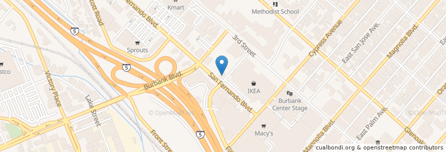 Mapa de ubicacion de Corner Bakery en アメリカ合衆国, カリフォルニア州, Los Angeles County, Burbank.
