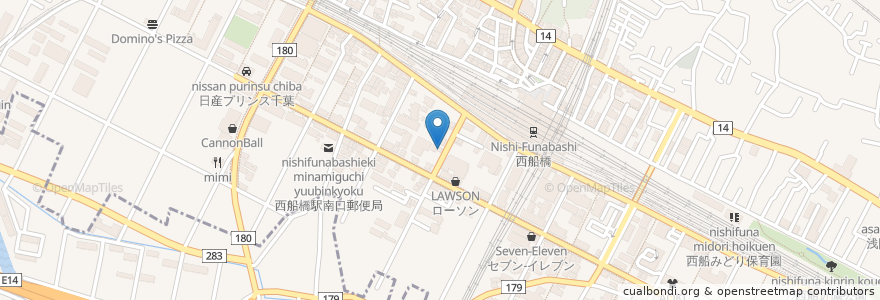 Mapa de ubicacion de 西船薬局 en 일본, 지바현, 船橋市.