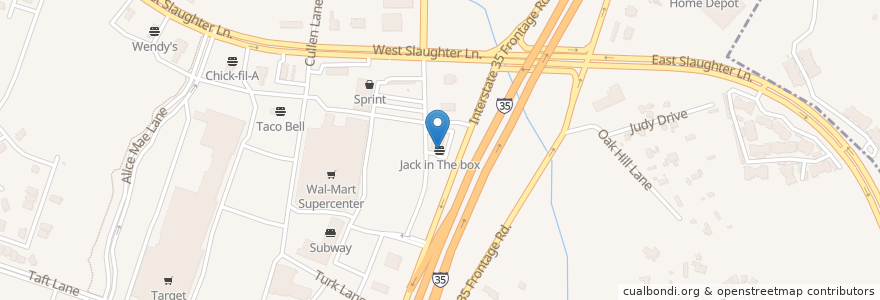 Mapa de ubicacion de Jack in the Box en アメリカ合衆国, テキサス州, Travis County, Austin.