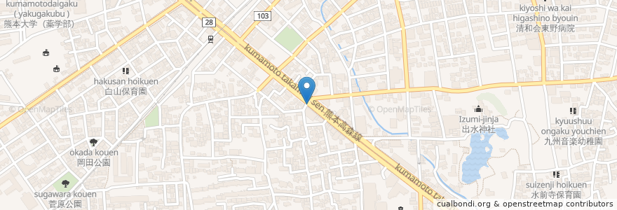 Mapa de ubicacion de 肥後銀行 水前寺支店 en Japonya, 熊本県, 熊本市, 中央区.